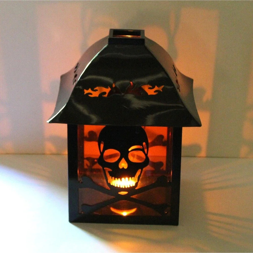 Large Lantern Skull and Bones black metal orange halloween goth decor 10